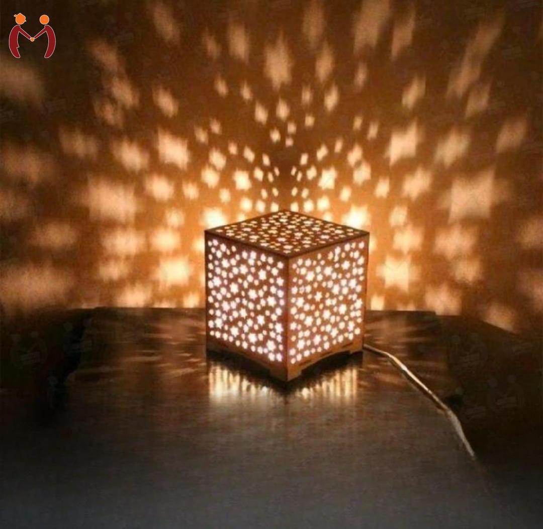 Star Design Laser Cut Wooden Table Lamp Golden Warm Glow