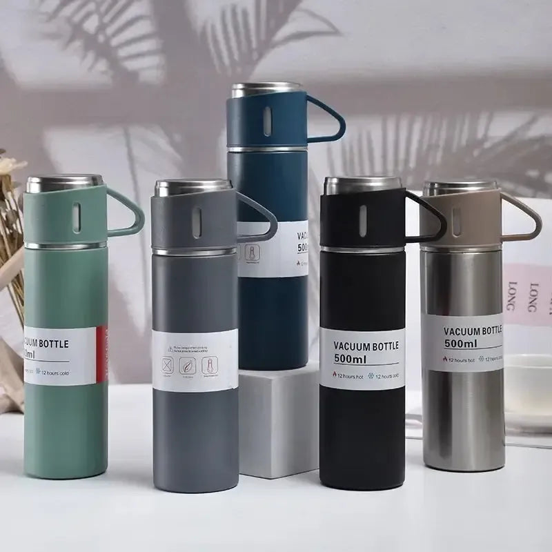 Stainless Steel Vacuum Flask Hot & Cold Thermos Bottle With Cups