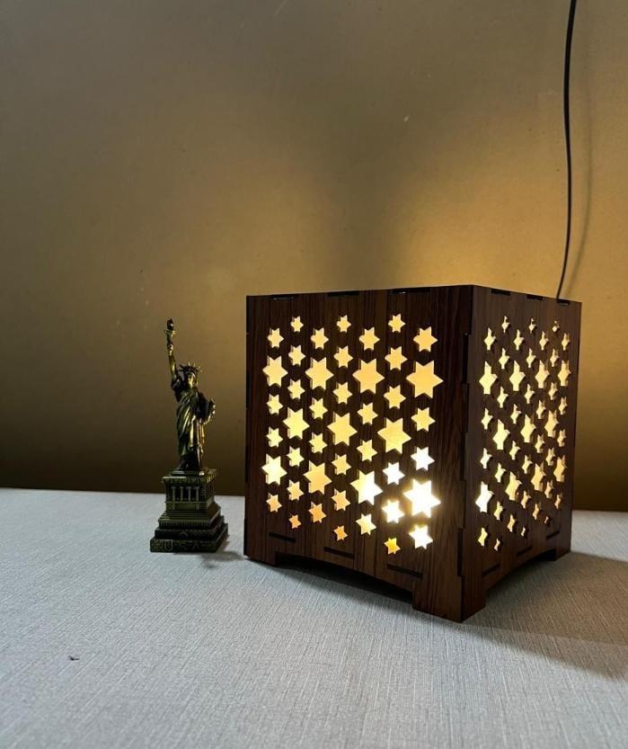 Star Design Laser Cut Wooden Table Lamp Golden Warm Glow