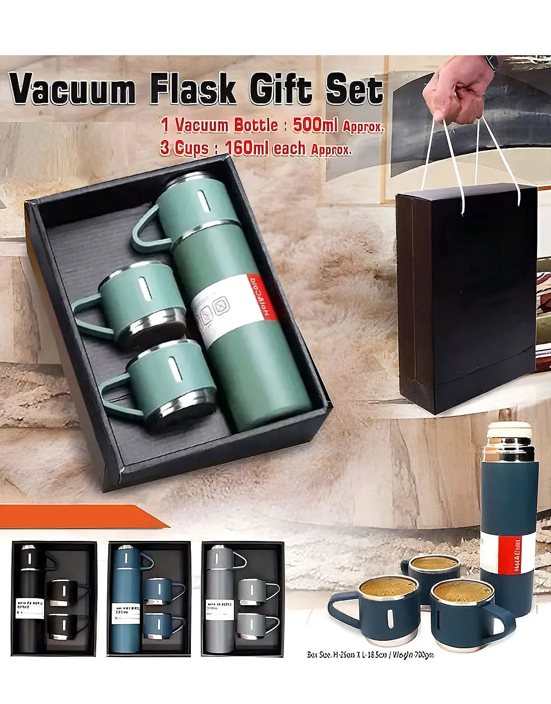 Stainless Steel Vacuum Flask Hot & Cold Thermos Bottle With Cups